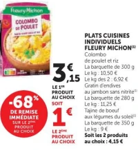 Plats cuisinés individuels Fleury Michon (Colombo de poulet, Gratin d'endives, Tajine de boeuf)