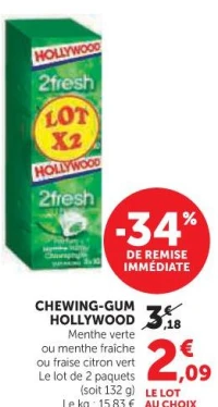 CHEWING-GUM HOLLYWOOD (Menthe verte ou menthe fraîche ou fraise citron vert)