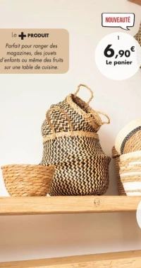 Panier thailandais en jonc de mer avec anses avec motif noir