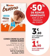 CONES CREME GLACEE KINDER BUENO Classique ou white La boîte de 4 (soit 248 g)