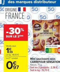 Mini saucissons secs CARREFOUR SENSATION nature, 75 g .
