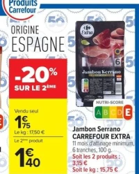 Jambon serrano carrefour extra 11 mois d'affinage minimum, 6 tranches, 100 g .