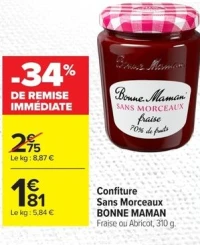 Confiture Sans Morceaux BONNE MAMAN Fraise ou Abricot, 310 g.