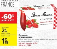Compotée BONNE MAMAN Fraises Framboises, Nectarines Blanches, Pêches Abricots ou Ananas au Rhum, 2 x 130 g.