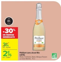 Pétillant sans alcool Bio LISTEL Pêche, Framboise, Raisin, Mangue-Passion ou Citron-Menthe , 75 cl.