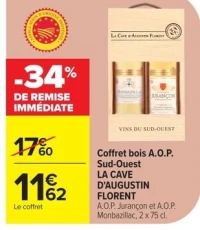 Coffret bois A.O.P. Sud-Ouest LA CAVE D'AUGUSTIN FLORENT A.O.P. Jurançon et A.O.P. Monbazillac, 2 x 75 cl.