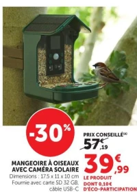 Mangeoire à oiseaux avec caméra solaire