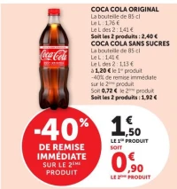 COCA COLA ORIGINAL La bouteille de 85 cl / COCA COLA SANS SUCRES La bouteille de 85 cl