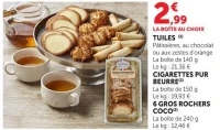 TUILES / CIGARETTES PUR BEURRE / 6 GROS ROCHERS COCO