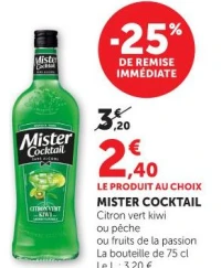 MISTER COCKTAIL Citron vert kiwi ou pêche ou fruits de la passion La bouteille de 75 cl