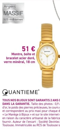 Montre, boîte et bracelet acier doré, verre minéral, 18 cm QUANTIEME