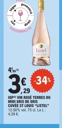 IGP VIN ROSÉ TERRES DU MIDI GRIS DE GRIS CUVÉE ST LOUIS "LISTEL"
