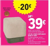 LOT DE 2 POUFS EMPILABLES BEIGE ET VERT