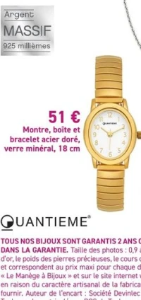 Montre, boîte et bracelet acier doré, verre minéral, 18 cm