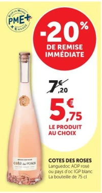 COTES DES ROSES Languedoc AOP rosé ou pays d'oc IGP blanc La bouteille de 75 cl