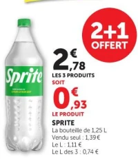 La bouteille de 1,25 L Vendu seul : 1,39 € Le L : 1,11 € SPRITE