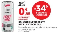 BOISSON ENERGISANTE PETILLANTE CELSIUS Peach vibe ou summer vibe ou fraise passion