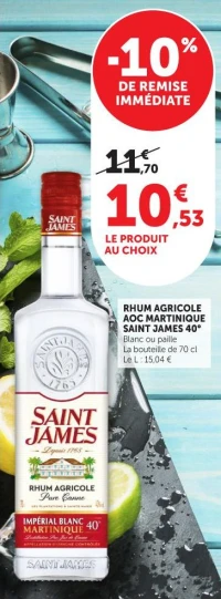 RHUM AGRICOLE AOC MARTINIQUE SAINT JAMES 40° Blanc ou paille