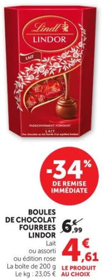 BOULES DE CHOCOLAT FOURRÉES LINDOR Lait ou assorti ou édition rose