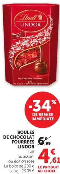 BOULES DE CHOCOLAT FOURRÉES LINDOR Lait ou assorti ou édition rose La boîte de 200 g