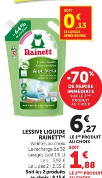 LESSIVE LIQUIDE RAINETT(A) Variétés au choix La recharge de 32 lavages (soit 1,6 L)