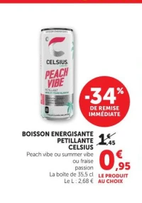 BOISSON ENERGISANTE PETILLANTE CELSIUS Peach vibe ou summer vibe ou fraise passion