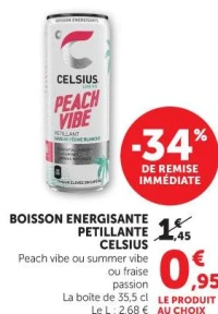 BOISSON ENERGISANTE PETILLANTE CELSIUS Peach vibe ou summer vibe ou fraise passion La boite de 35,5 cl