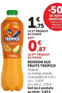 BOISSON AUX FRUITS TROPICO Tropical ou orange ananas La bouteille de 1,25 L