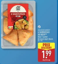6 Samoussas au bœuf Avec 1 sachet de sauce aigre-douce.