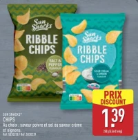 SUN SNACKS CHIPS Au choix : saveur poivre et sel ou saveur crème et oignons