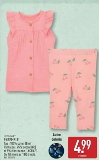 LILY & DAN ENSEMBLE Top: 100% coton (Bio). Pantalon: 95% coton (Bio) et 5% élasthanne (LYCRA). Du 2/6 mois au 18/24 mois.