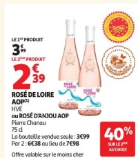 rosé de loire aop(1) hve ou rosé d'anjou aop pierre chanau 75 cl la bouteille vendue seule : 3€99 par 2 : 6€38 au lieu de 7€98 offre valable sur le moins cher