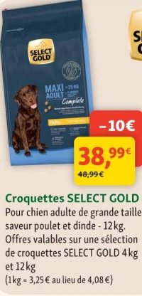 Croquettes SELECT GOLD Pour chien adulte de grande taille saveur poulet et dinde - 12 kg