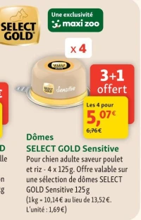 Dômes SELECT GOLD Sensitive Pour chien adulte saveur poulet et riz - 4 x 125 g