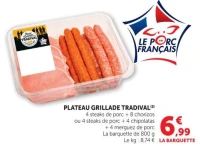 PLATEAU GRILLADE TRADIVAL (2) 4 steaks de porc + 8 chorizos ou 4 steaks de porc + 4 chipolatas + 4 merguez de porc La barquette de 800 g