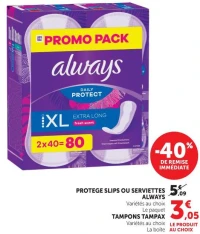 PROTEGE SLIPS OU SERVIETTES ALWAYS TAMPONS TAMPAX