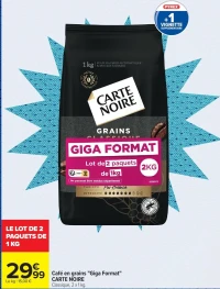 Café en grains "Giga Format" CARTE NOIRE Classique, 2 x 1 kg.