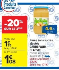 Purée sans sucres ajoutés CARREFOUR CLASSIC' Pomme sans sucres ajoutés, 710 g