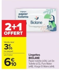 Lingettes BIOLANE Papier toilette (x54), Lait De Toilette (x72), Pure Water (x48), Visage Et Mains (x64).