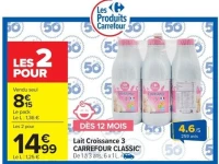 Lait Croissance 3 CARREFOUR CLASSIC' De 1 à 3 ans, 6 x 1L.