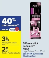 Diffuseur stick parfumés AURA Linge Frais ou Coco, 30 ml.
