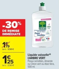 Liquide vaisselle L'ARBRE VERT Peaux sensibles, Amande ou Citron vert ou Aloe Vera, 500 ml.