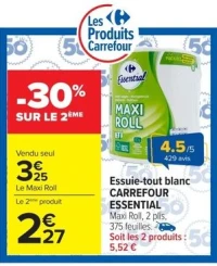 Essuie-tout blanc CARREFOUR ESSENTIAL Maxi Roll, 2 plis, 375 feuilles.