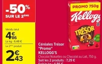 Céréales Trésor "Promo" KELLOGG'S Chocolat Noisettes ou Chocolat au Lait, 750 g.