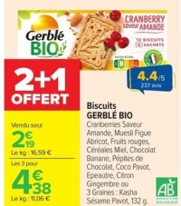 Biscuits GERBLÉ BIO Cranberries Saveur Amande, Muesli Figue Abricot, Fruits rouges, Céréales Miel, Chocolat Banane, Pépites de Chocolat, Coco Pavot, Epeautre, Citron Gingembre ou 3 Graines: Kasha Sésame Pavot, 132 g.