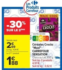 Céréales Crocks "Maxi" CARREFOUR SENSATION Choco ou Lait, 650 g.