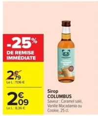 Sirop COLUMBUS Saveur : Caramel salé, Vanille Macadamia ou Cookie, 25 cl.