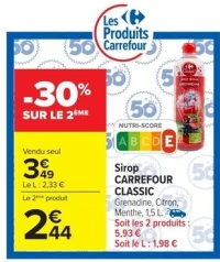 Sirop CARREFOUR CLASSIC Grenadine, Citron, Menthe, 1,5 L.