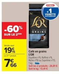 Café en grains L'OR Equilibre n°6, Raffiné n°6, Riche n°10 ou Suprême n°13, 1 kg.