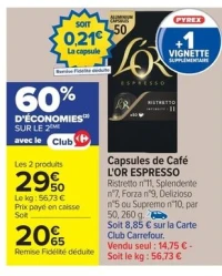 Capsules de Café L'OR ESPRESSO Ristretto n°11, Splendente n°7, Forza n°9, Delizioso n°5 ou Supremo n°10, par 50, 260 g.